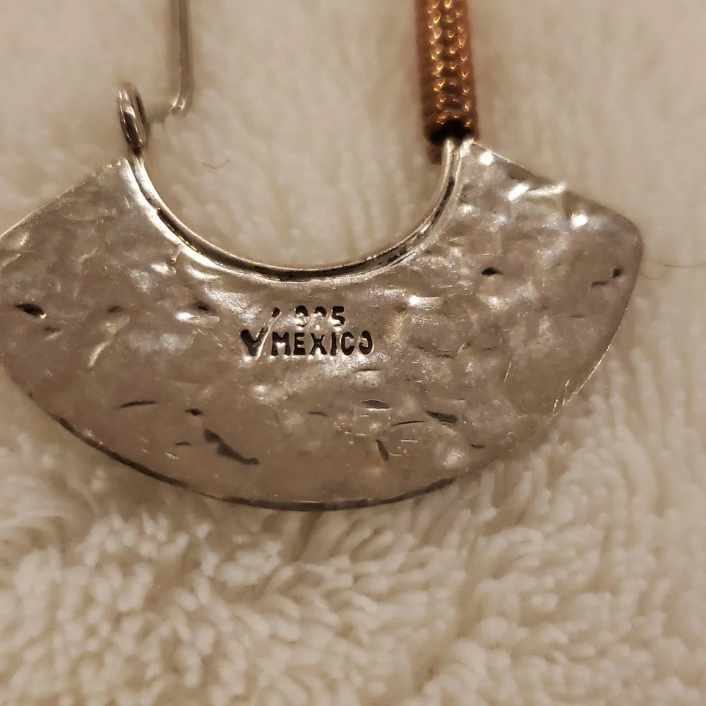 Hammered Mexico Sterling Silver Circle Moon Crescent Drop Hoop Earrings, 2" long - Picture 3 of 3